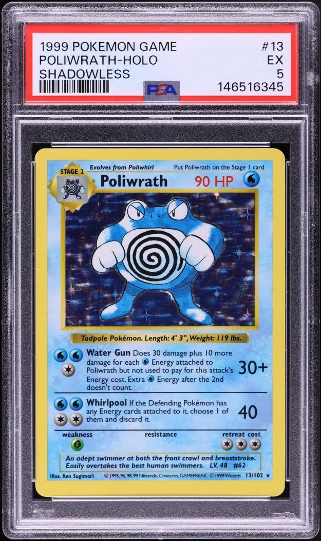 1999 Pokemon Base Set Shadowless Holo Poliwrath #13 PSA 5 EX