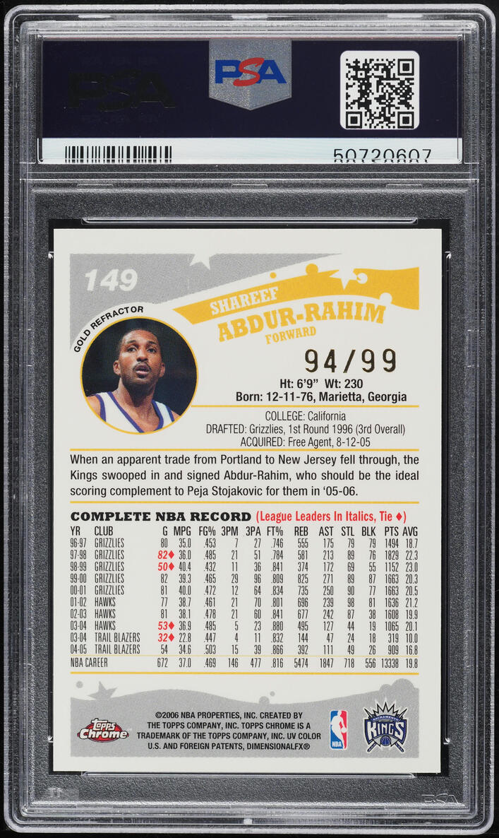 2005 Topps Chrome Gold Refractor Shareef Abdur-Rahim /99 #149 PSA 9 MINT