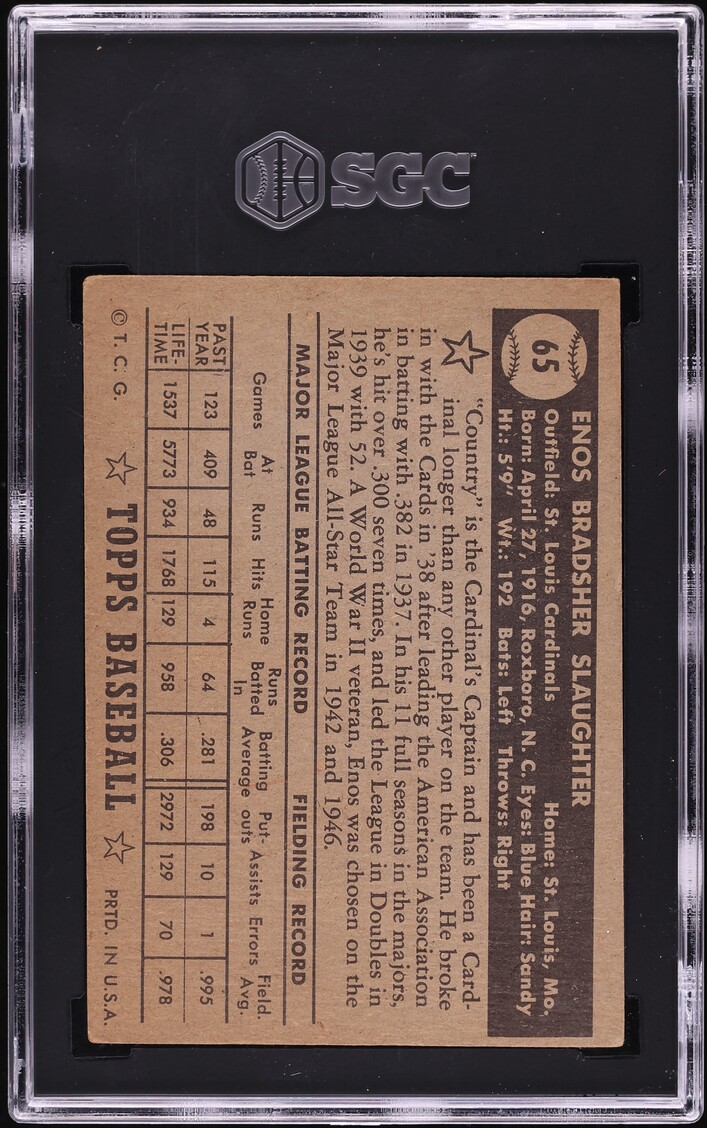 1952 Topps Enos Slaughter BLACK BACK #65 SGC 3 VG