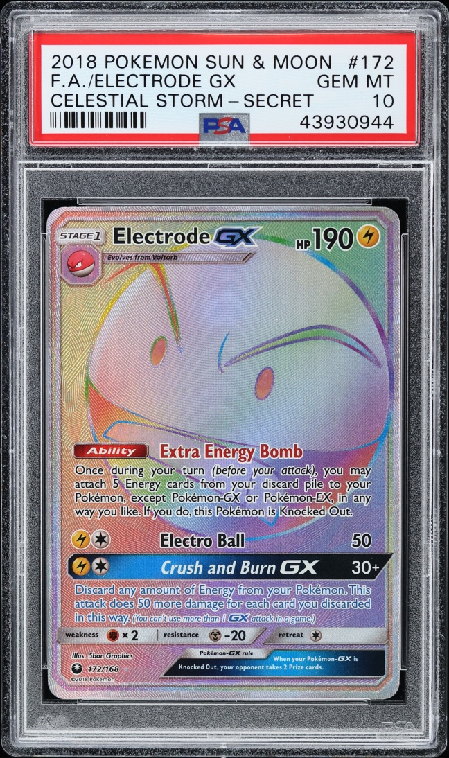 2018 Pokemon Sun & Moon Celestial Storm Rainbow Rare Electrode GX #172 PSA 10 GEM MINT