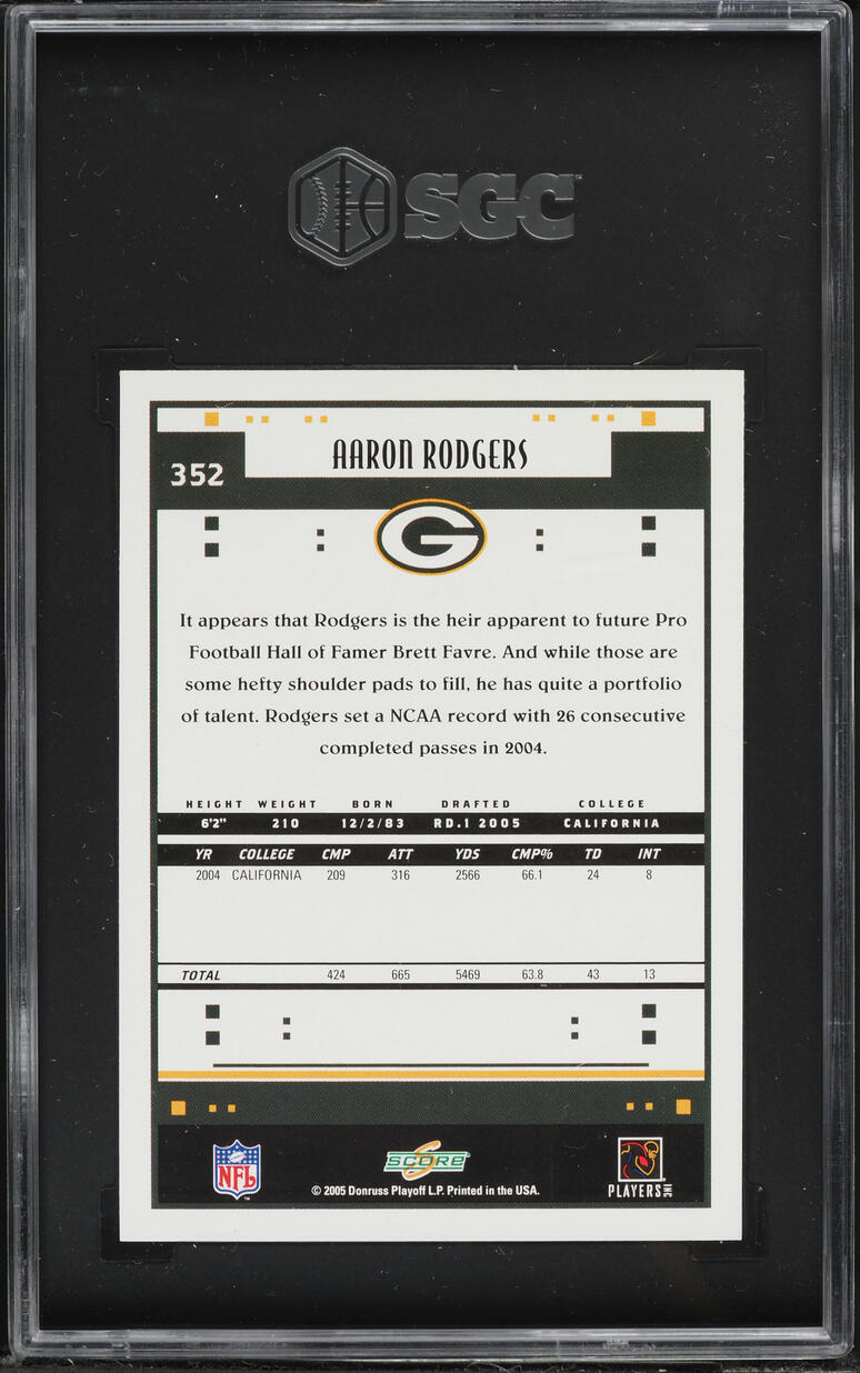 2005 Score Football Aaron Rodgers ROOKIE #352 SGC 10 GEM MINT