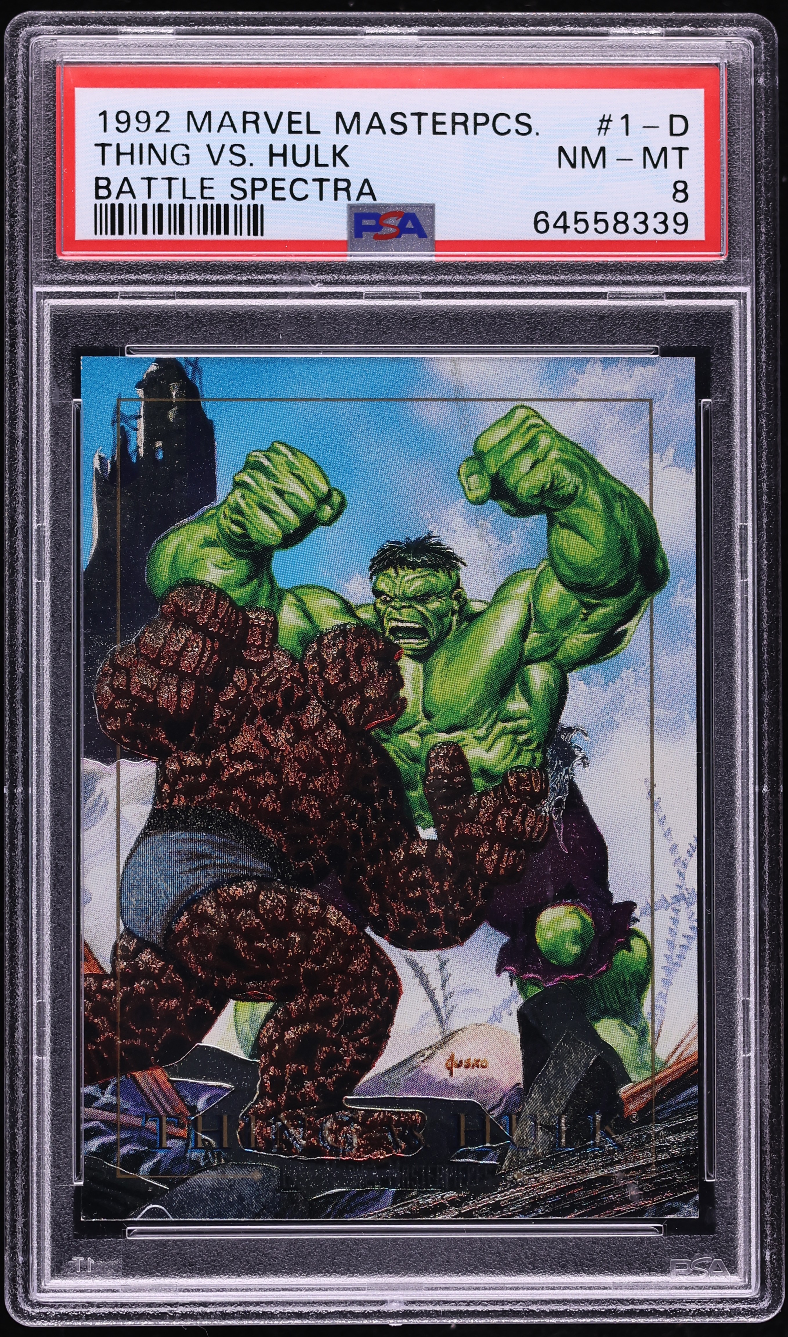 1992 Skybox Marvel Masterpieces Battle Spectra Thing Vs. Hulk #1-D PSA 8 NM-MT