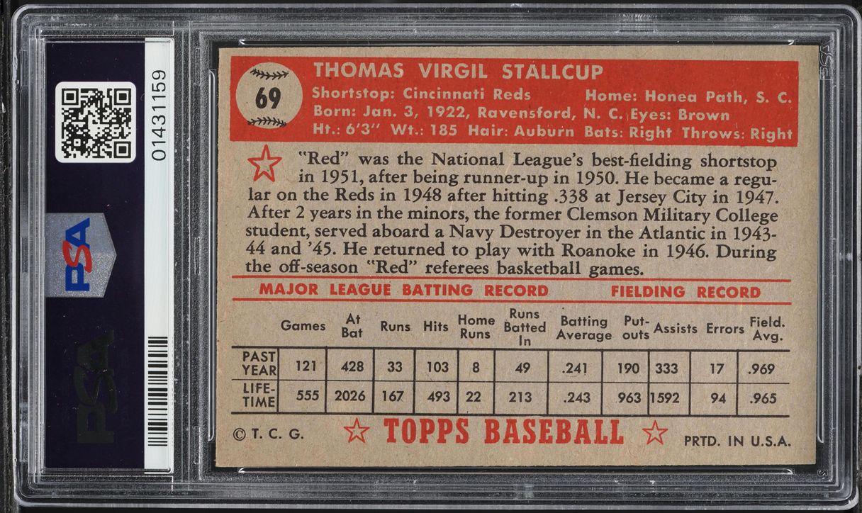 1952 Topps Virgil Stallcup #69 PSA 7 NRMT