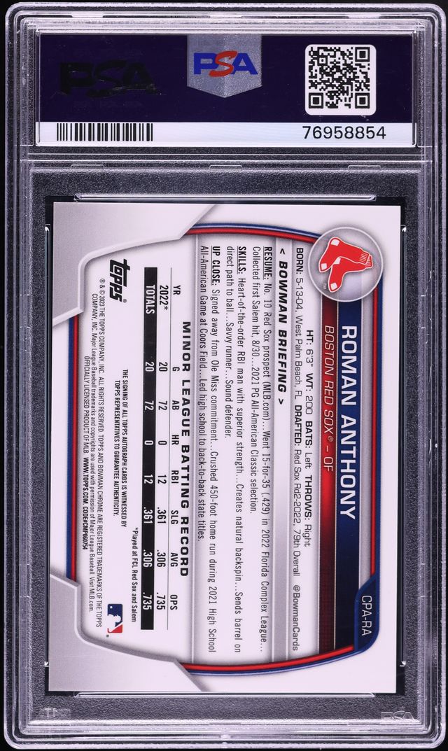 2023 Bowman Chrome Orange Refractor Roman Anthony PROSPECT AUTO /25 #CPA-RA PSA 10 GEM MINT - Photo 2
