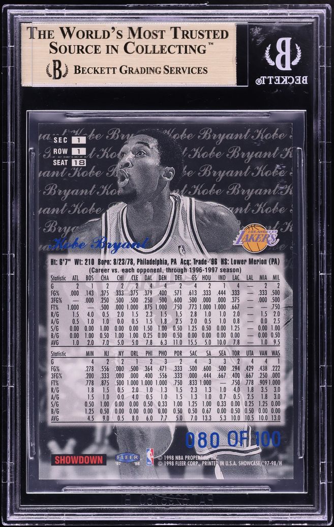 1997 Flair Showcase Legacy Collection Row 1 Kobe Bryant /100 #18 BGS 9.5 GEM MINT - Photo 2