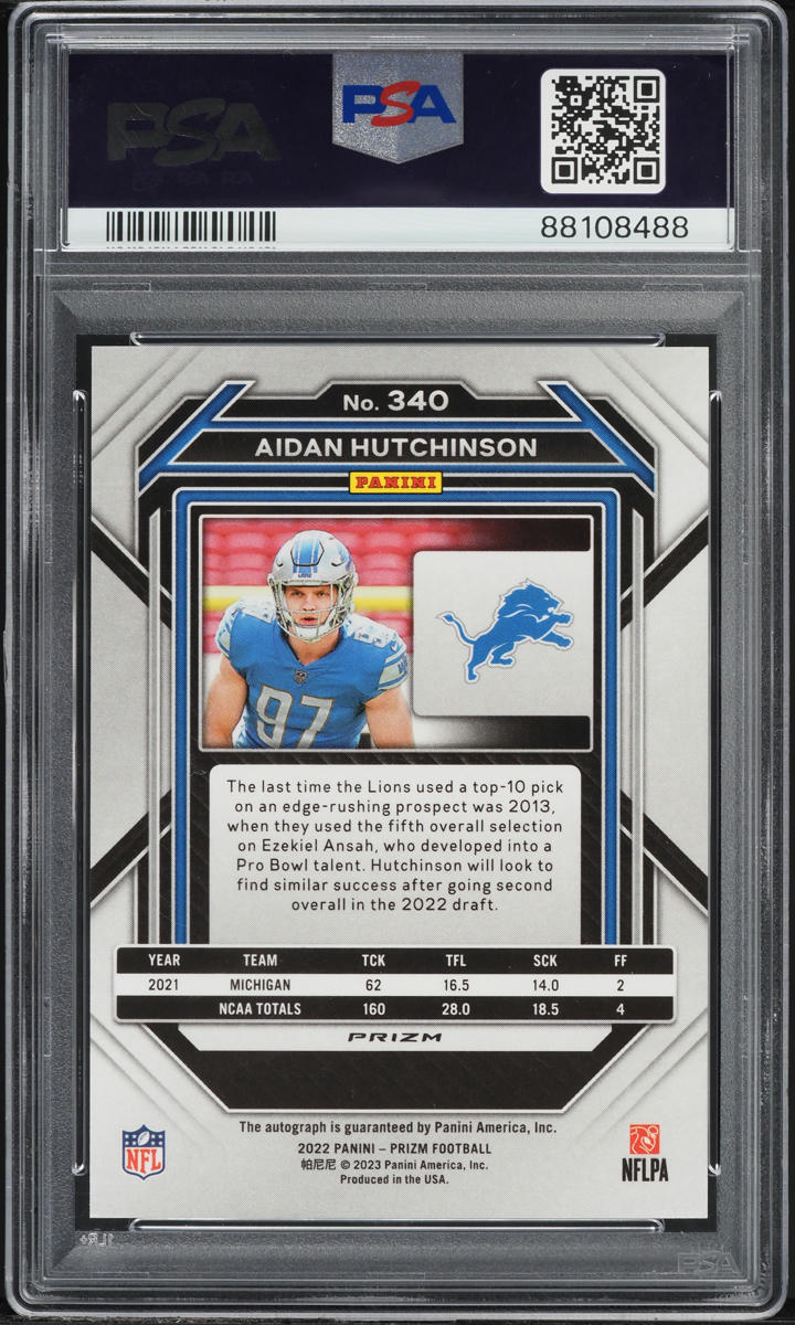 2022 Panini Prizm No Huddle Aidan Hutchinson ROOKIE AUTO DNA 10 #340 PSA 9 MINT