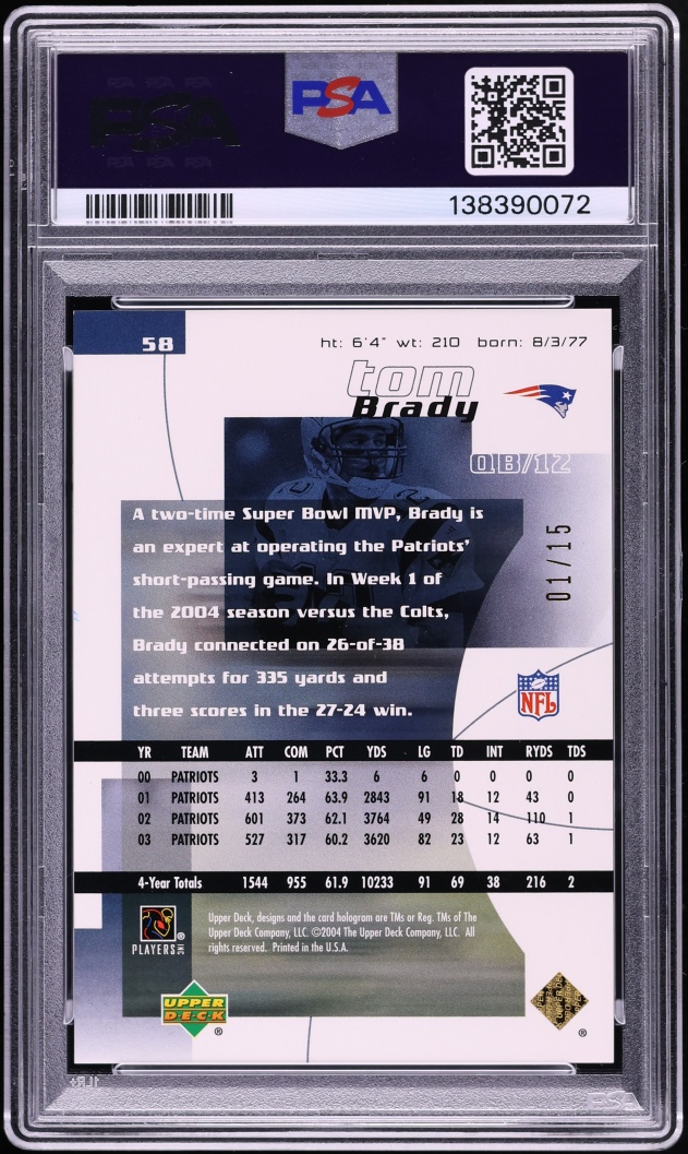 2004 Upper Deck Finite HG Radiance Tom Brady /15 #58 PSA 8.5 NM-MT+ - Photo 2
