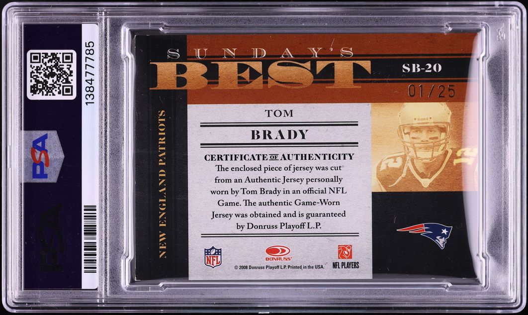 2008 Donruss Classics Sunday's Best Prime Tom Brady PATCH 1/25 #SB-20 PSA 6 EXMT - Photo 2