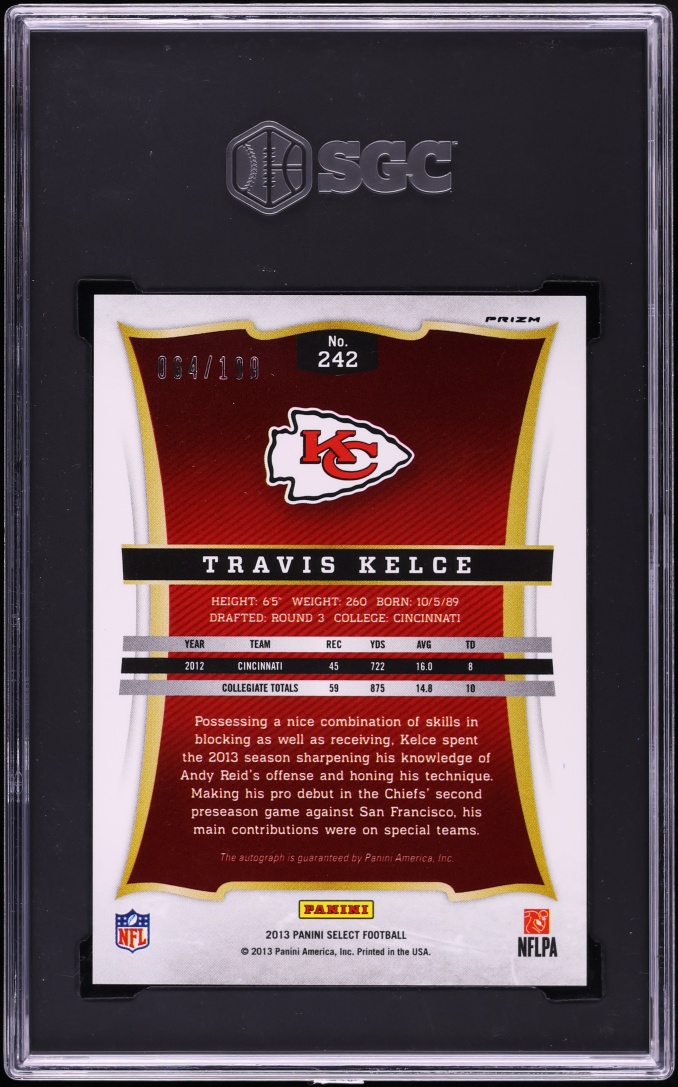 2013 Select Silver Prizm Travis Kelce ROOKIE AUTO /199 #242 SGC 10 GEM MINT - Photo 2
