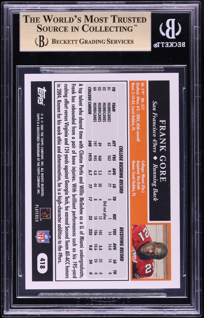 2005 Topps Football Frank Gore ROOKIE #418 BAS BGS 9.5 GEM MINT - Photo 2