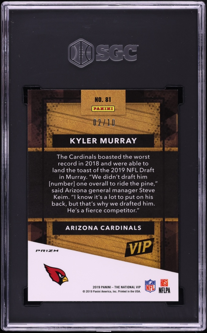 2019 Panini The National VIP Gold Prizm Kyler Murray /10 #81 SGC 9.5 MINT+ - Photo 2