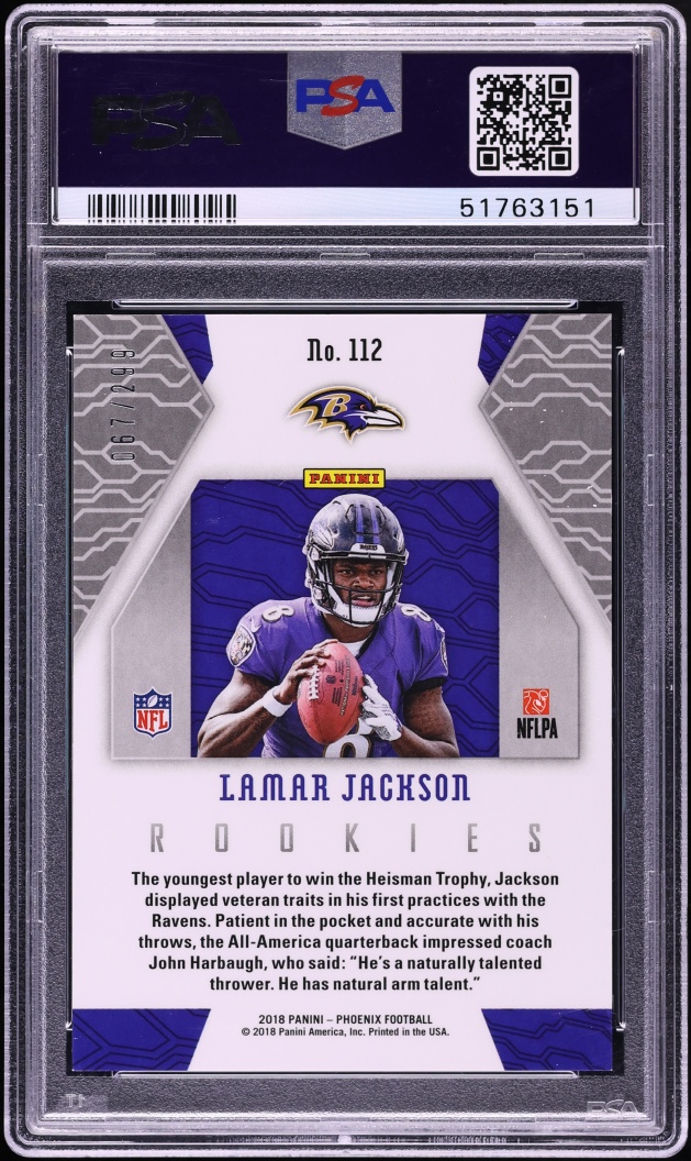 2018 Panini Phoenix Red Lamar Jackson ROOKIE /299 #112 PSA 9 MINT - Photo 2