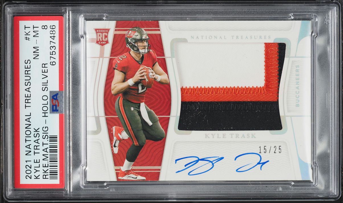 2021 National Treasures Holo Silver Kyle Trask ROOKIE PATCH AUTO /25 PSA 8 NM-MT