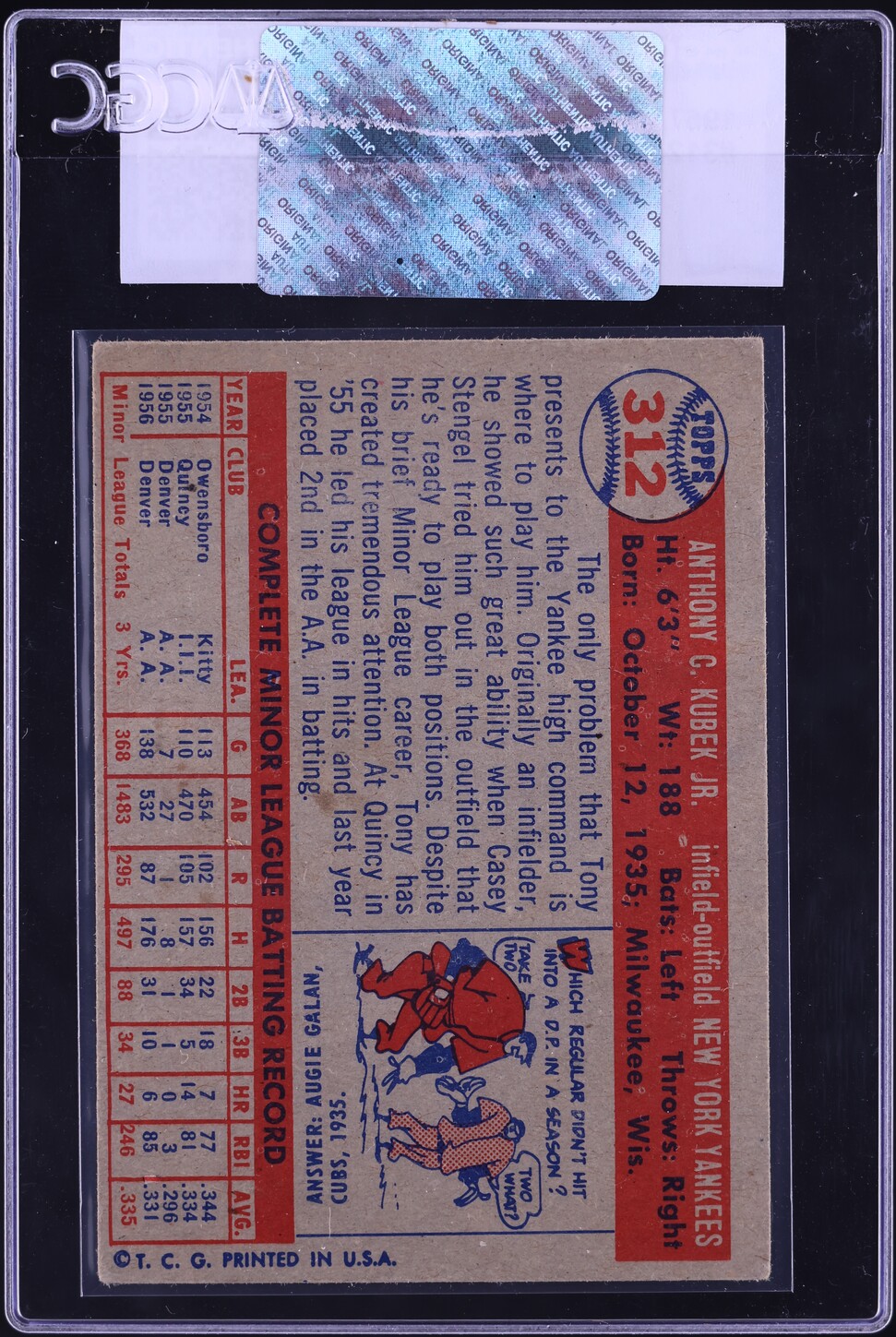 1957 Topps Tony Kubek ROOKIE #312 CGC AUTH