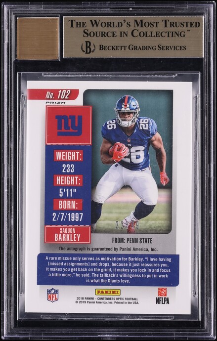 2018 Panini Contenders Optic Purple Saquon Barkley ROOKIE AUTO /49 #102 BGS 9.5 GEM MINT