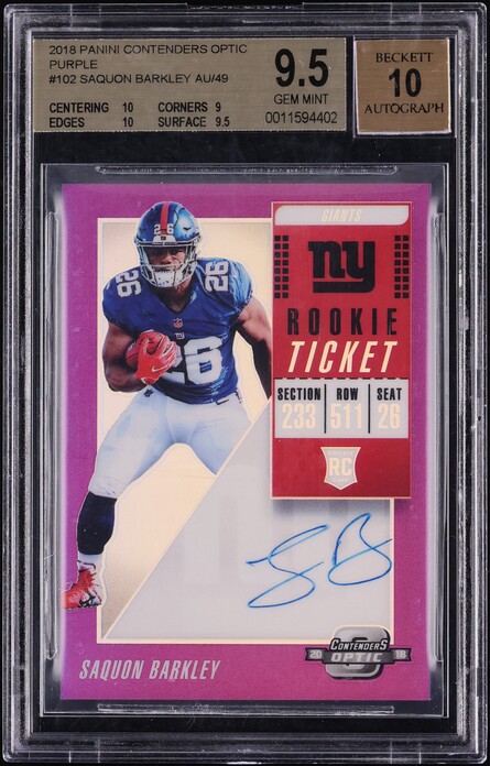 2018 Panini Contenders Optic Purple Saquon Barkley ROOKIE AUTO /49 #102 BGS 9.5 GEM MINT