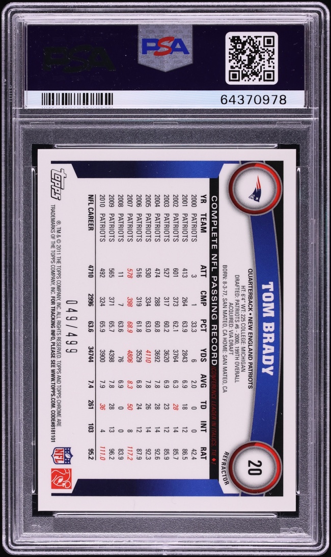 2011 Topps Chrome Purple Refractor Tom Brady /499 #20 PSA 9 MINT