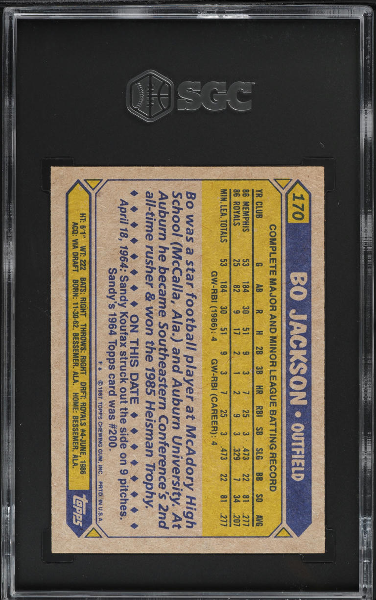 1987 Topps Bo Jackson ROOKIE #170 SGC 7 NRMT
