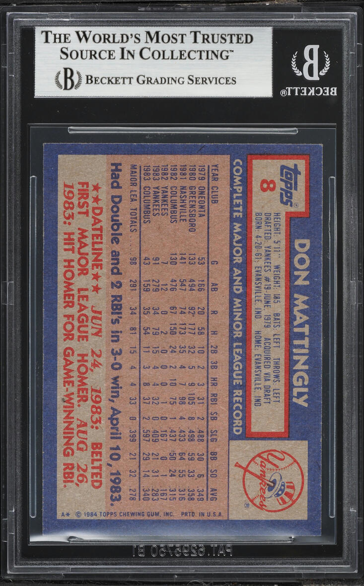 1984 Topps Don Mattingly ROOKIE #8 BGS 9 MINT