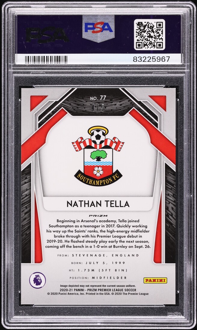2020 Panini Prizm Premier League Gold Power Nathan Tella ROOKIE /5 #77 PSA 8