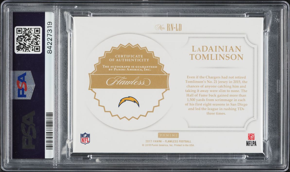 2017 Panini Flawless Retired Numbers Emerald Ladainian Tomlinson AUTO 1/2 #RN-LD PSA 10 GEM