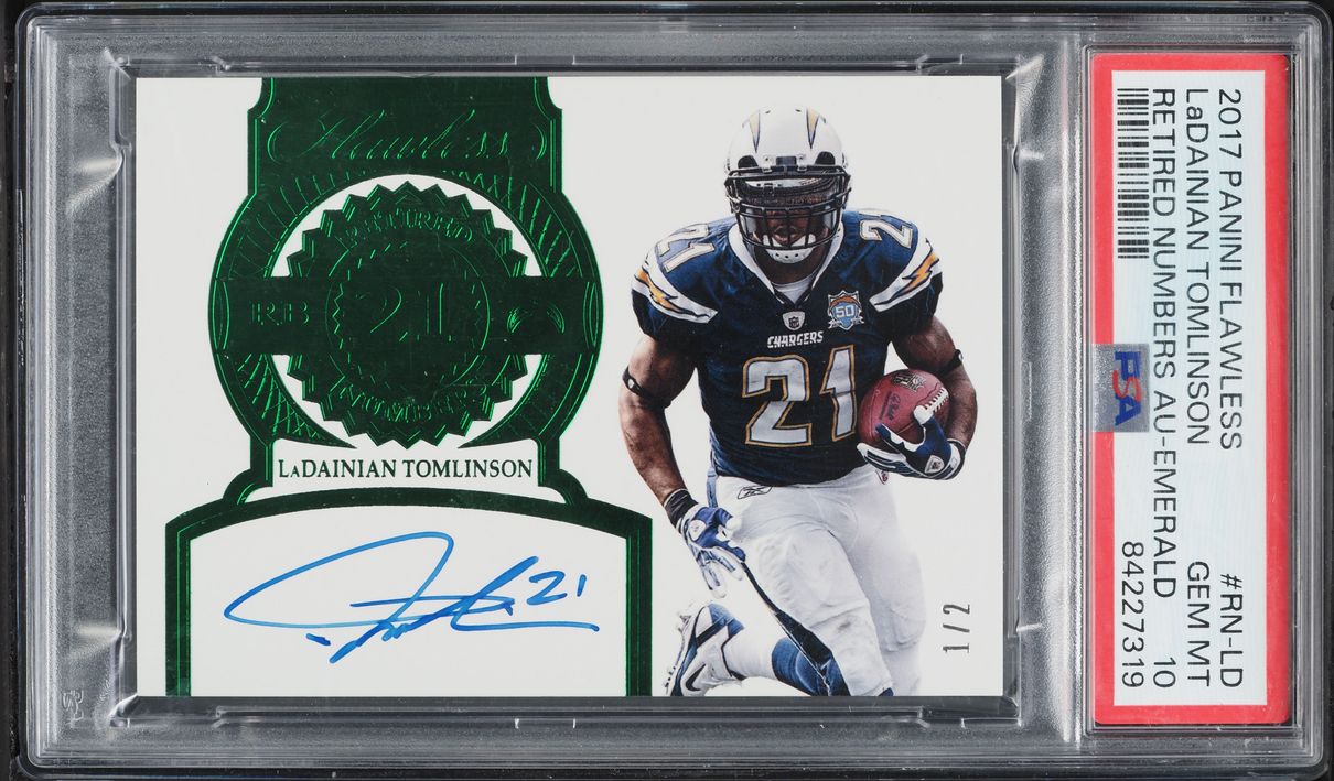 2017 Panini Flawless Retired Numbers Emerald Ladainian Tomlinson AUTO 1/2 #RN-LD PSA 10 GEM
