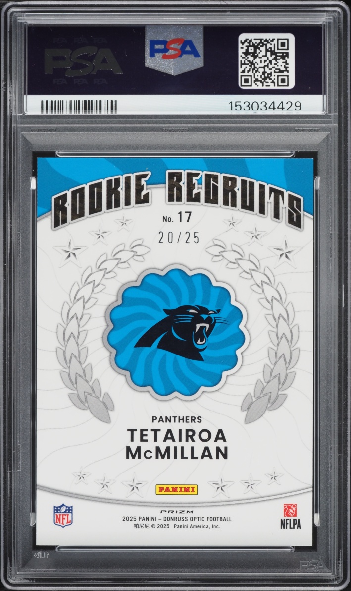2025 Donruss Optic Recruits Purple Stars Tetairoa McMillan ROOKIE /25 #17 PSA 10 GEM MINT