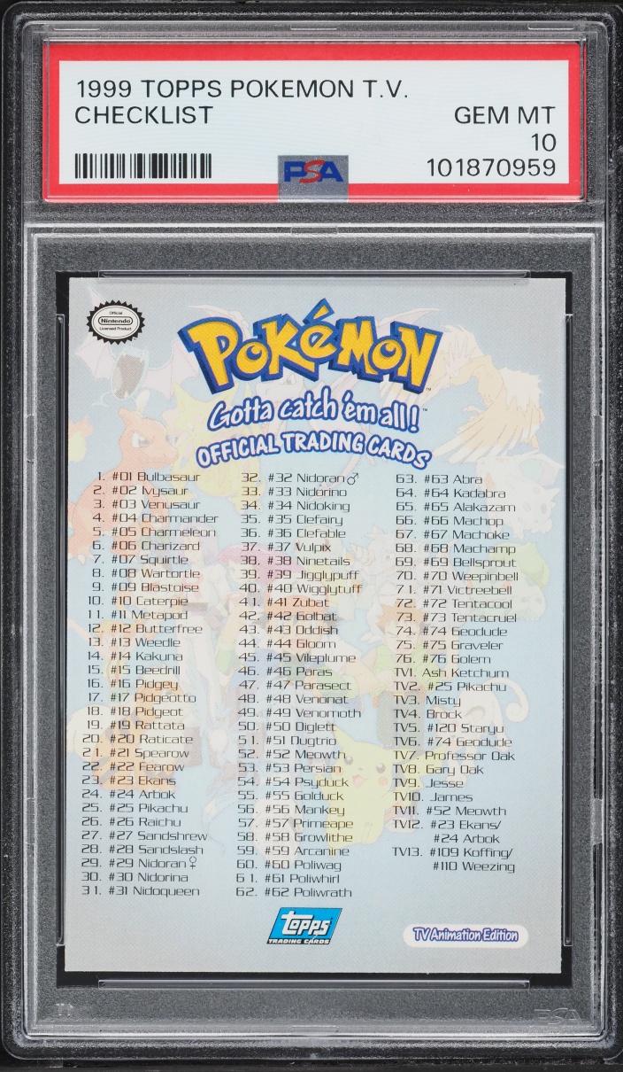 1999 Topps Pokemon TV Checklist PSA 10 GEM MINT