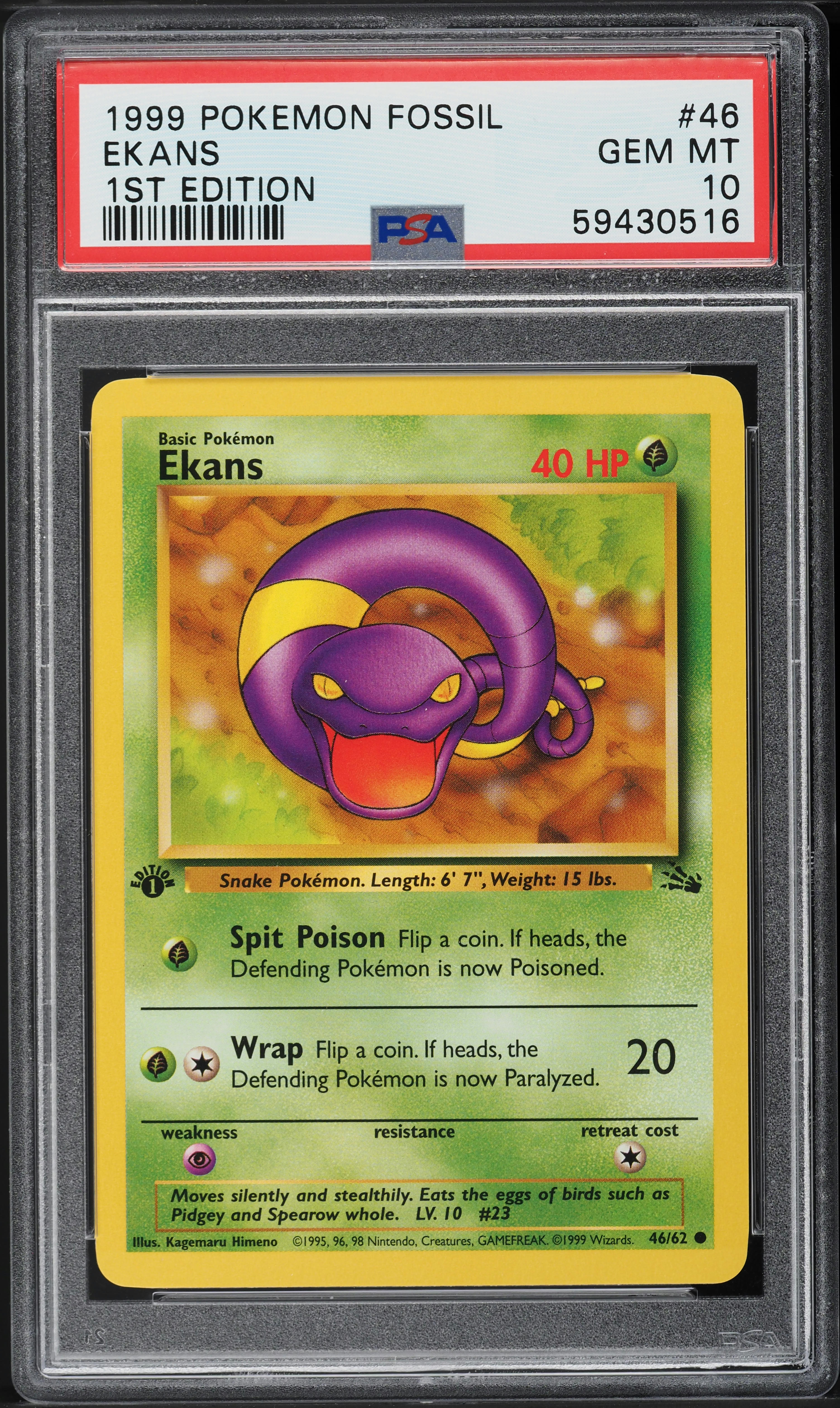 1999 Pokemon Fossil 1st Edition Ekans #46 PSA 10 GEM MINT
