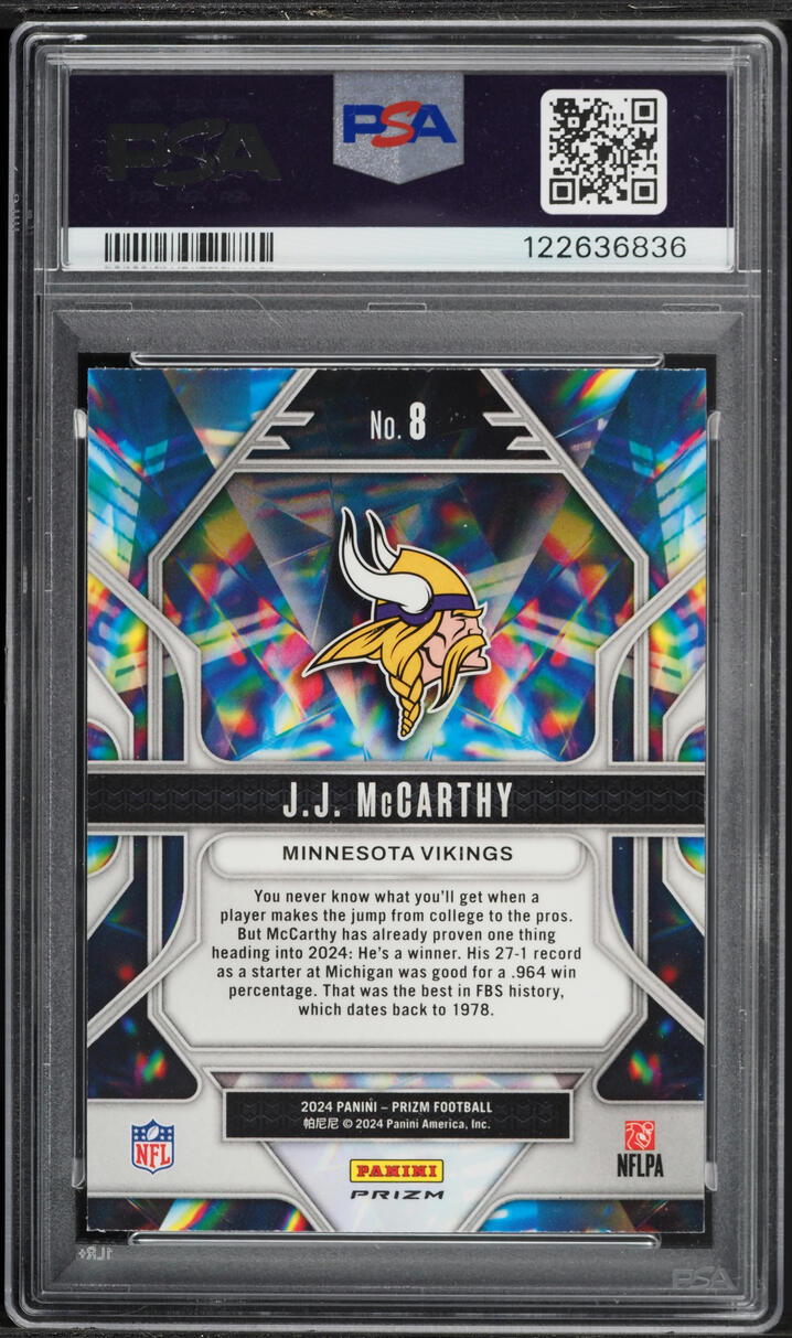 2024 Panini Prizm Prizmatic Green J.J. McCarthy ROOKIE #8 PSA 10 GEM MINT