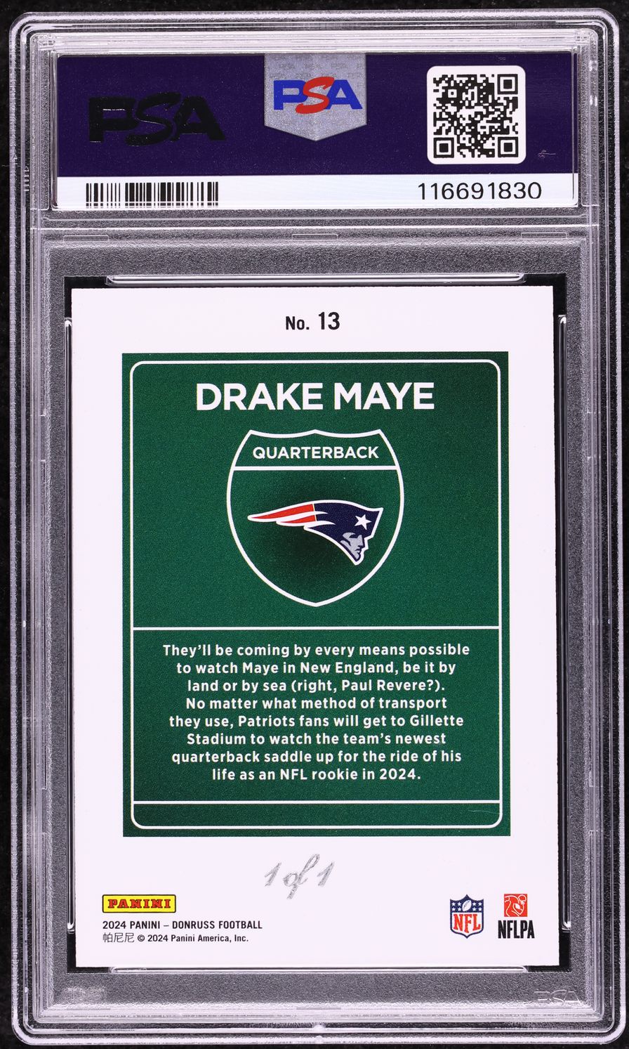 2024 Donruss Downtown Black Drake Maye ROOKIE 1/1 #13 PSA 9 MINT