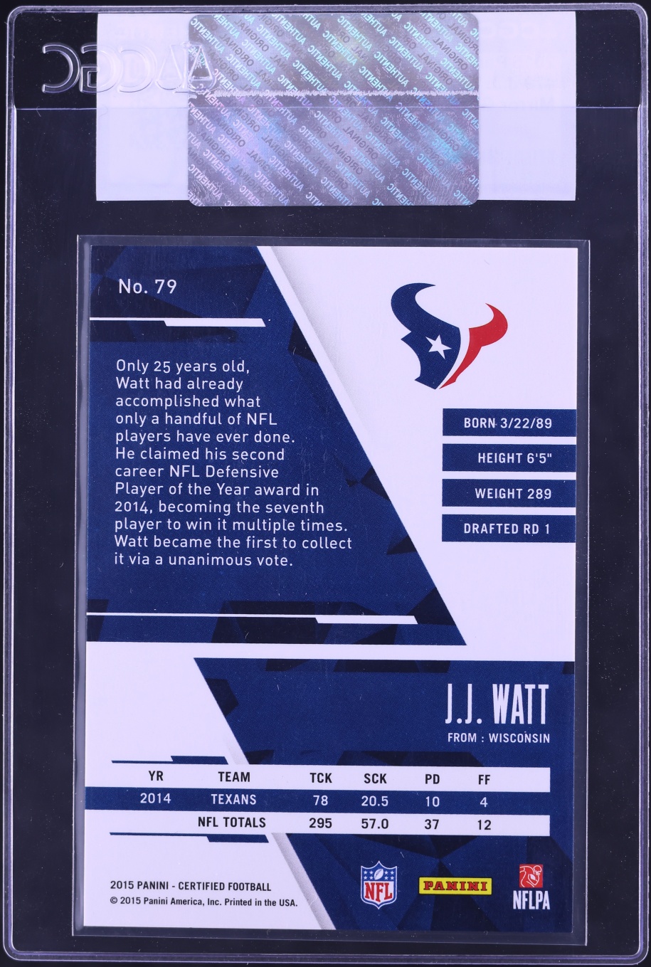 2015 Panini Certified Mirror Gold J.J. Watt /25 #79 CGC AUTH