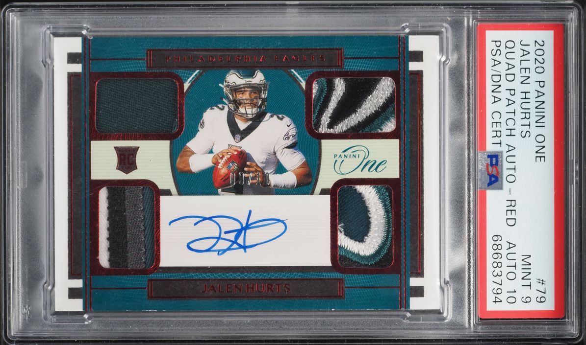 2020 Panini One Quad Red Jalen Hurts ROOKIE PATCH AUTO DNA 10 /10 #79 PSA 9 MINT