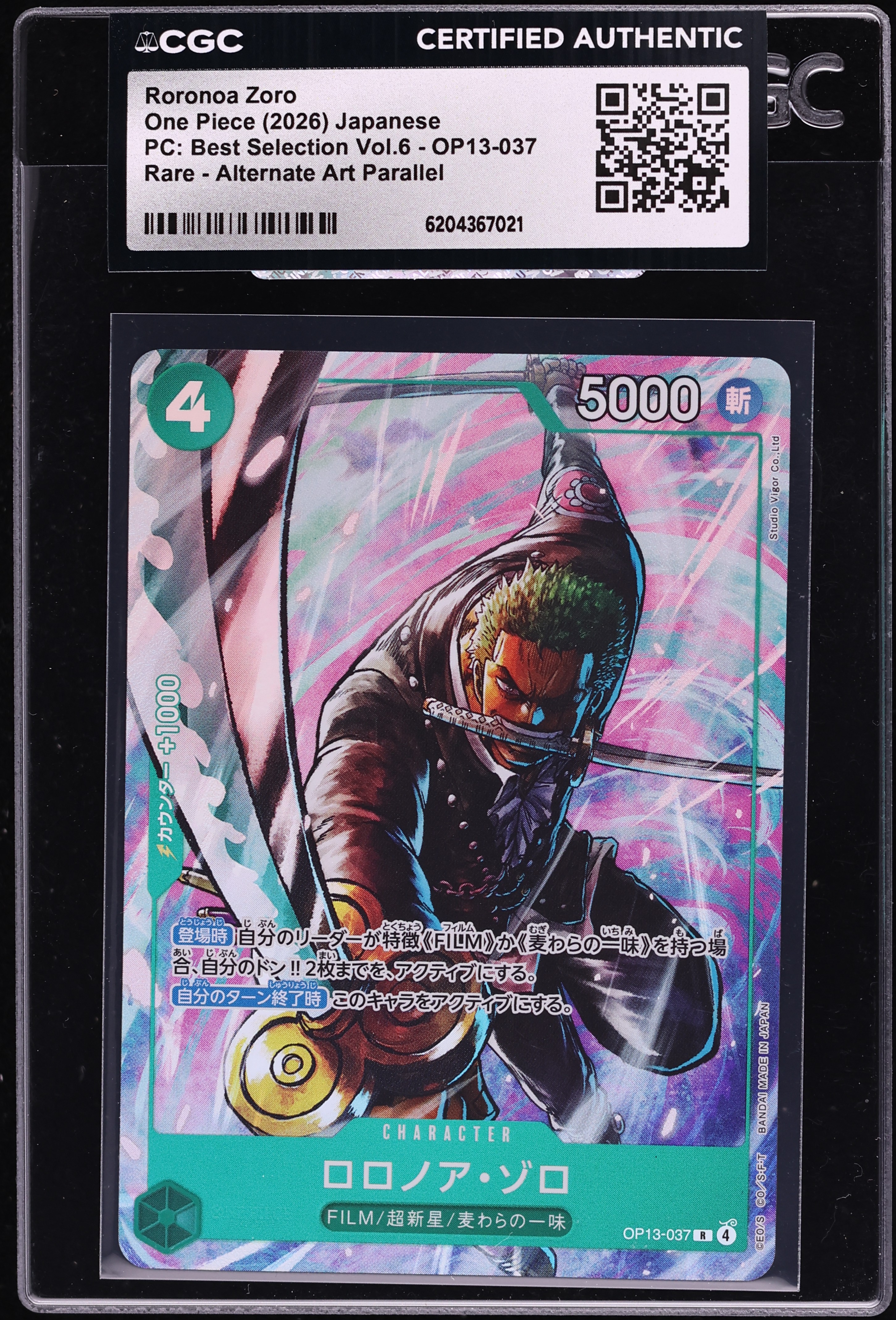 2026 One Piece Japanese PC: Best Selection Vol.6 Alt Art Roronoa Zoro #OP13-037 CGC AUTH
