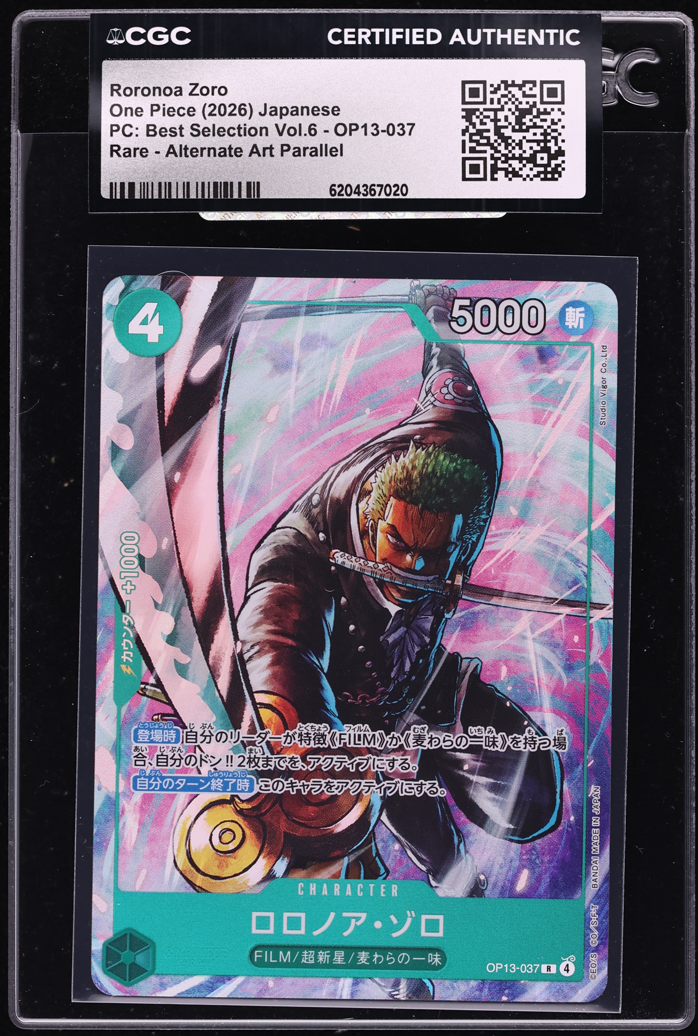 2026 One Piece Japanese PC: Best Selection Vol.6 Alt Art Roronoa Zoro #OP13-037 CGC AUTH