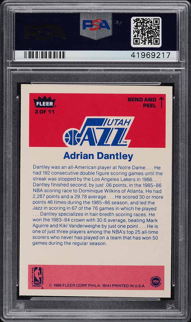 1986 Fleer Sticker Adrian Dantley #3 PSA 9 MINT