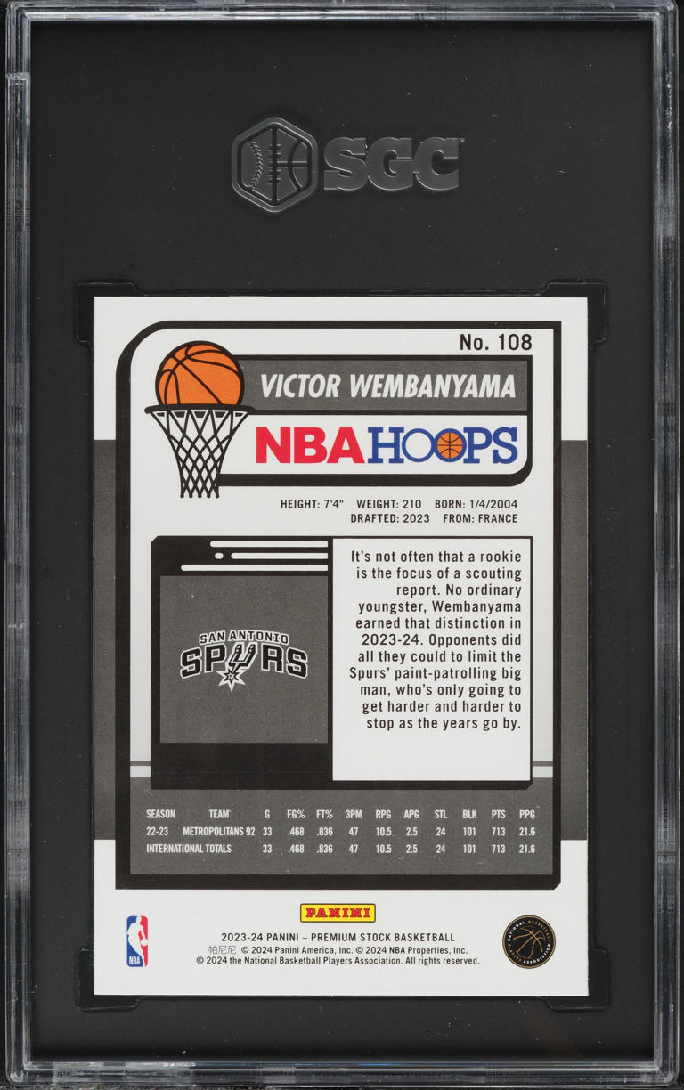 2023 Hoops Premium Stock Victor Wembanyama ROOKIE #108 SGC 9.5 MINT+