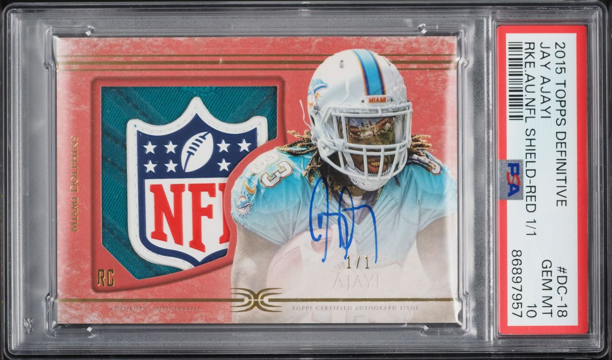 2015 Topps Definitive Red Jay Ajayi ROOKIE SHIELD PATCH AUTO 1/1 #DC-18 PSA 10 GEM MINT