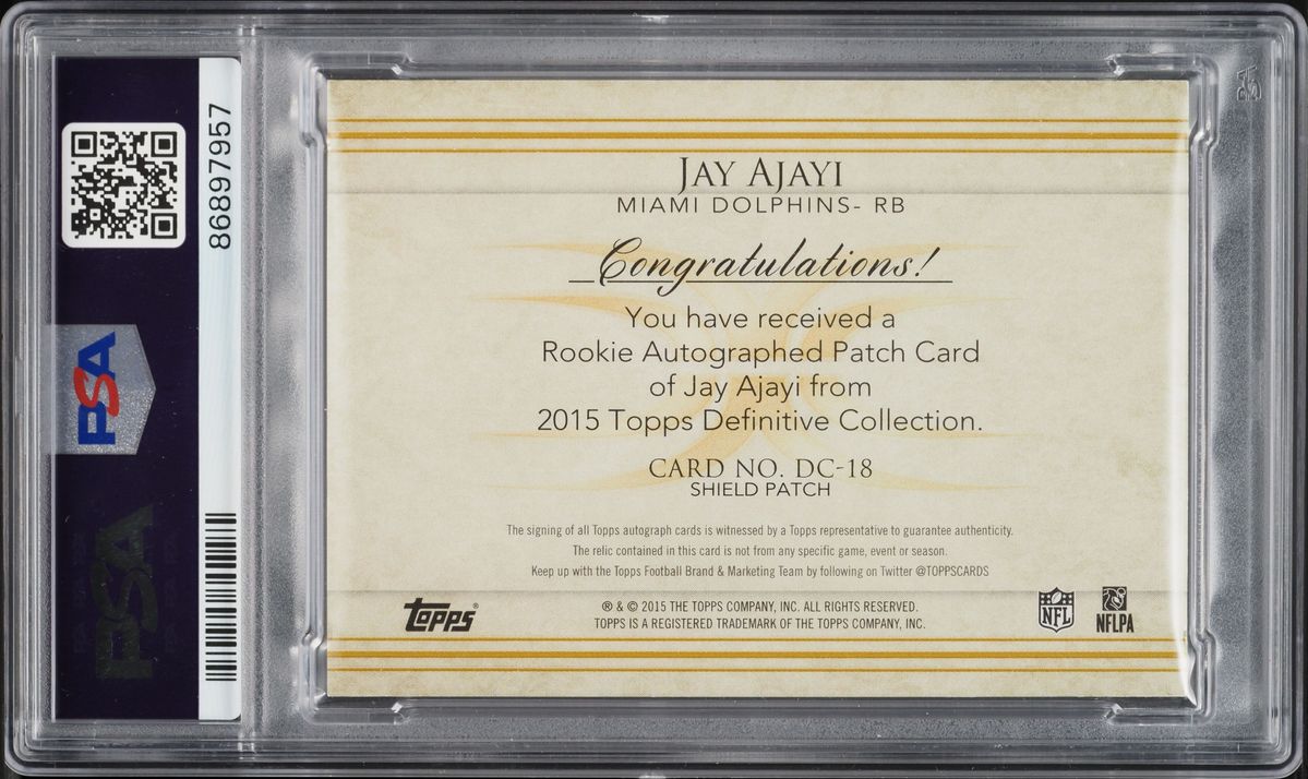 2015 Topps Definitive Red Jay Ajayi ROOKIE SHIELD PATCH AUTO 1/1 #DC-18 PSA 10 GEM MINT