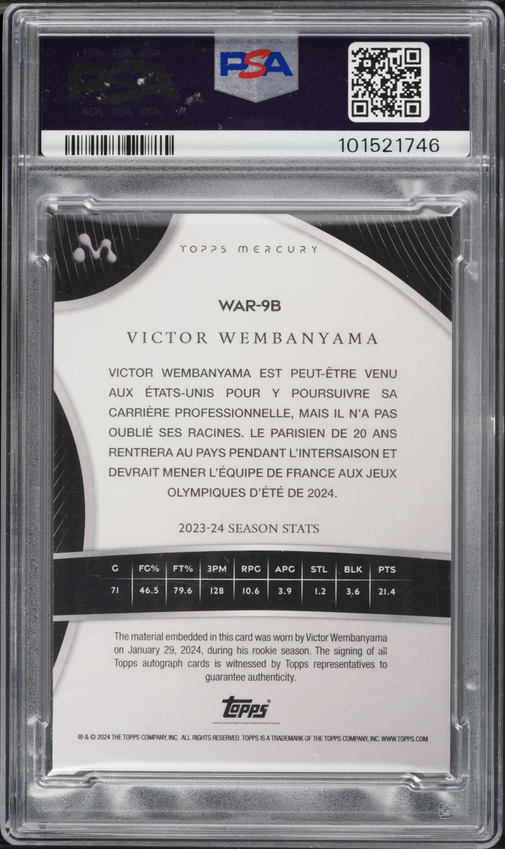 2023 Topps Mercury French Victor Wembanyama ROOKIE PATCH AUTO 75/75 #WAR9B PSA 8 NM-MT