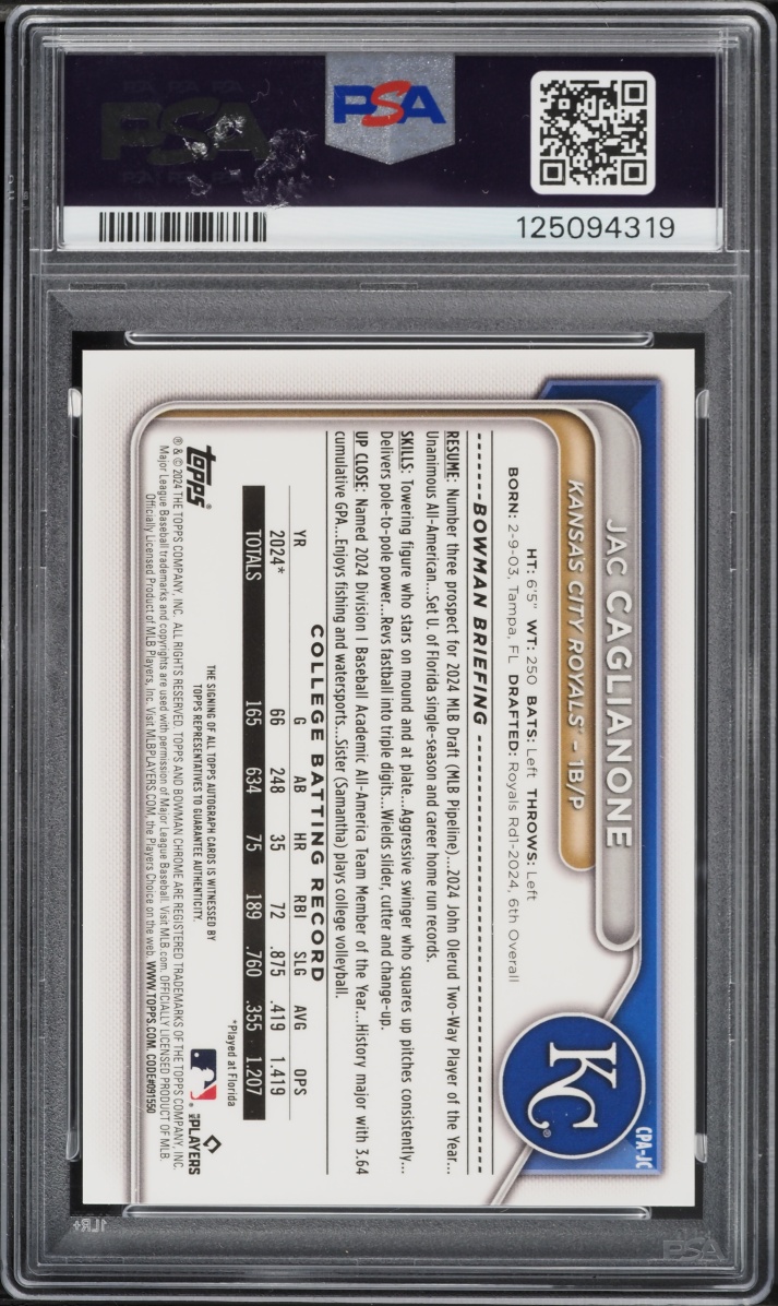 2024 Bowman Chrome Draft Sunflower Seeds Refractor Jac Caglianone PROSPECT AUTO /5 PSA 10 GEM