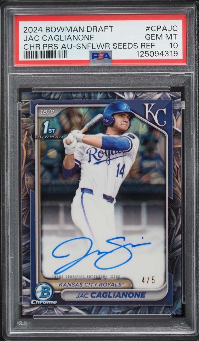 2024 Bowman Chrome Draft Sunflower Seeds Refractor Jac Caglianone PROSPECT AUTO /5 PSA 10 GEM