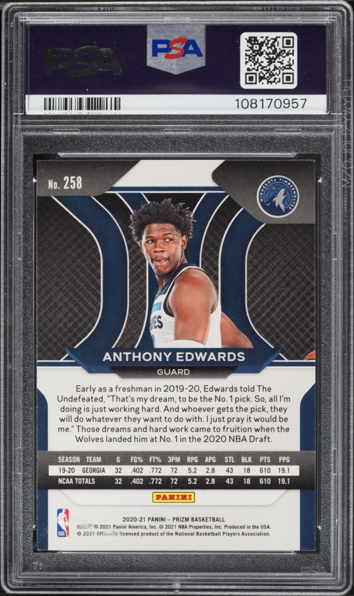 2020 Panini Prizm Anthony Edwards ROOKIE #258 PSA 10 GEM MINT