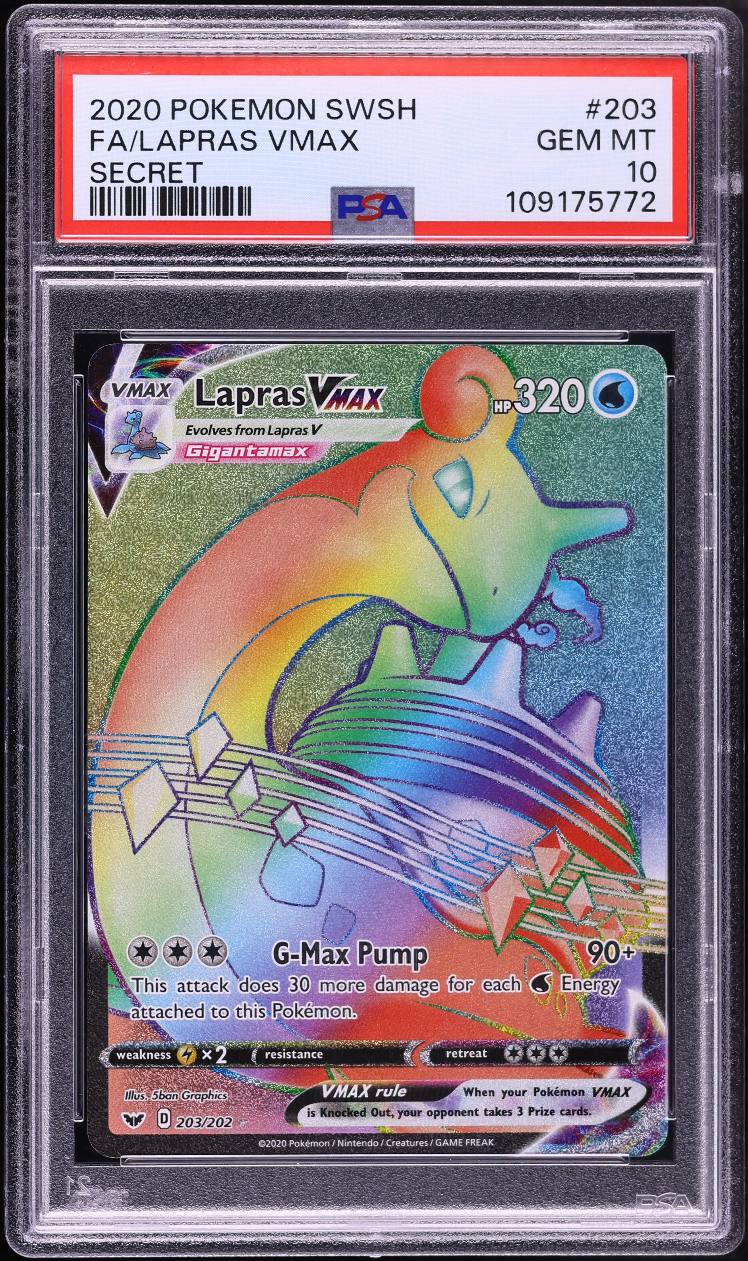 2020 Pokemon Sword & Shield Rainbow Rare Lapras VMAX #203 PSA 10 GEM MINT