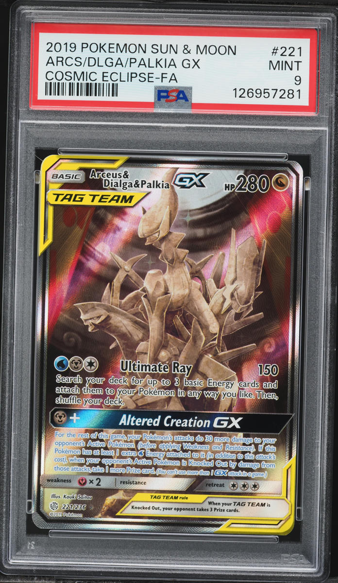 2019 Pokemon Sun & Moon Cosmic Eclipse Alt Art Arceus & Dialga & Palkia GX #221 PSA 9 MINT