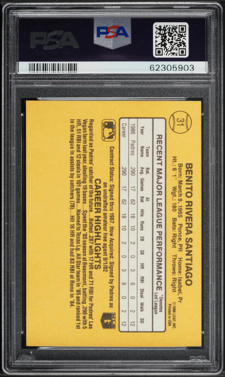 1987 Leaf Benito Santiago ROOKIE #31 PSA 9 MINT