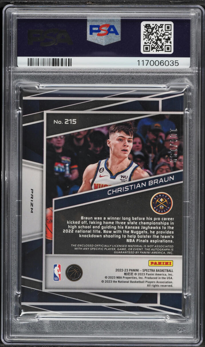 2022 Panini Spectra Christian Braun ROOKIE PATCH AUTO /199 #215 PSA 8 NM-MT