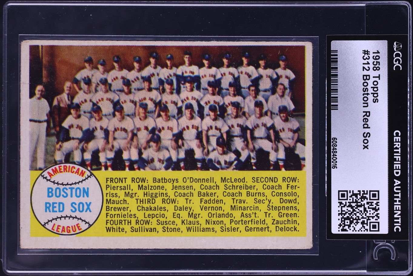 1958 Topps Boston Red Sox #312 CGC AUTH