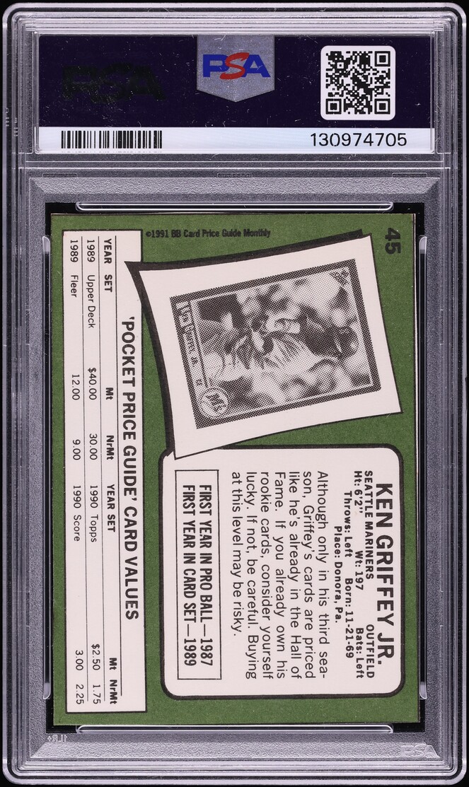 1991 SCD Baseball Pocket Price Guides Ken Griffey Jr. #45 PSA AUTH