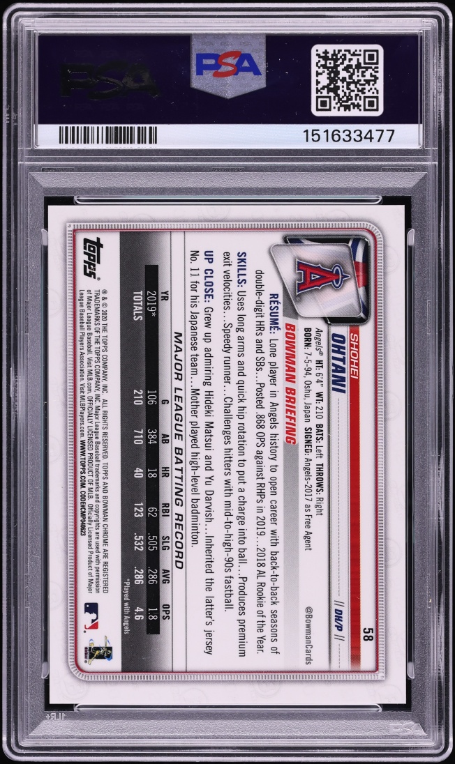 2020 Bowman Chrome Red Refractor Shohei Ohtani /5 #58 PSA 9 MINT